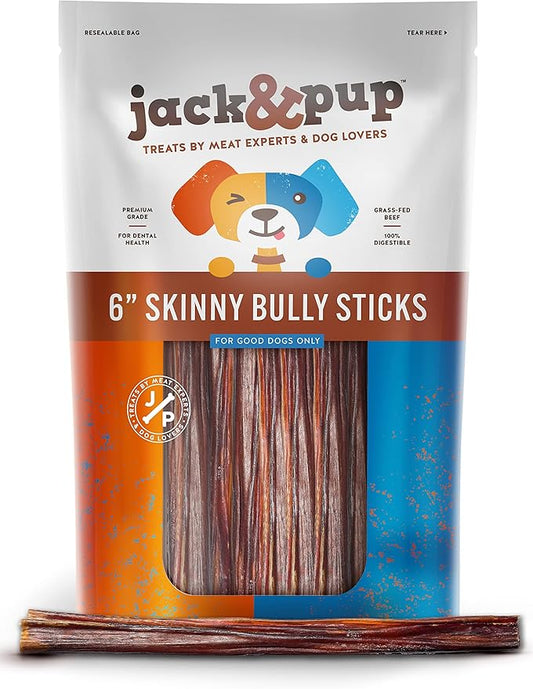 Jack&Pup 6 Inch Skinny Bully Sticks for Small Dogs (30 Pack) Thin, Odor Free Bully Sticks Sheaths | Single Ingredient Beef Pizzle Sticks for Senior Dogs and Puppies