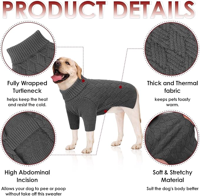 AOFITEE XL Dog Sweater, Dog Sweater Large Size Dogs, Large Dogs Sweaters for Female Male, Turtleneck Thick Warm Knitted Winter Fall Pet Sweatshirt, Solid Pet Halloween Costume (Grey, XLarge)
