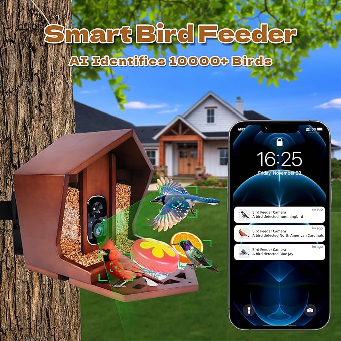 Smart Bird Feeder with Camera Solar Powered AI Identification 10,000+ Bird 2K UHD Video Live Instant Arrival Alerts and Real-Time Motion Detection Weatherproof Bamboo for Outdoor Birds Lovers