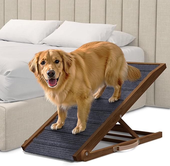 Adjustable Dog Ramp for Bed - Foldable Wooden Ramp for Dogs to Get on Bed, Couch, or Car - Ideal for Small, Medium, and Large Breeds (Walnut Wood with Grey Carpet) (Walnut Wood, Large)