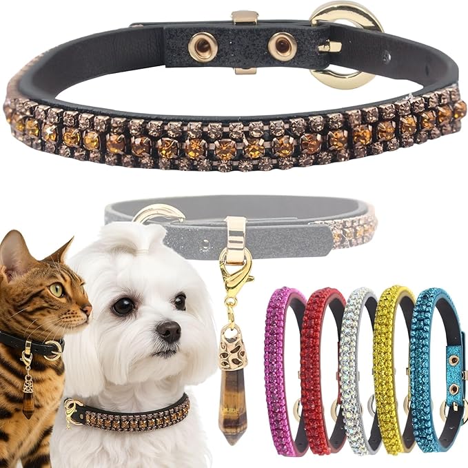 PEARLY JUN Rhinestone Dog Collars for Small Dogs Cat, XXS Champagne Bling Diamond Cat Collar Cute Luxury Crystal Pet Puppy