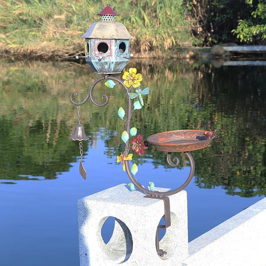 Deck Bird Bath, Metal Bird Bath and Bird Houses, Decorative Deck Mounted Bird Baths, Detachable and Adjustable Sturdy Deck Bird Bath for Outdoor Porch Yard Garden Decoration