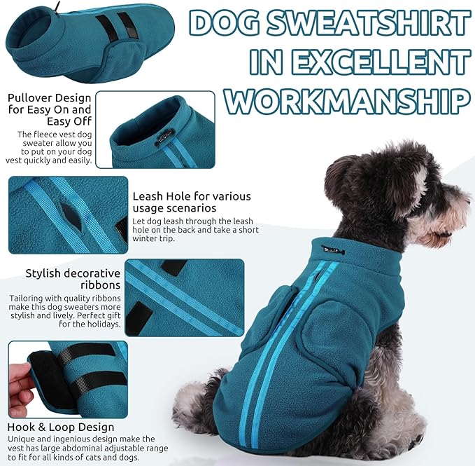 Queenmore Medium Dog Sweaters, Soft Fleece Vest Pullover Dog Jacket with Leash Hole, Warm Winter Dog Clothes Cold Weather Doggy Dachshund Sweater for Medium Dogs Cats Boy or Girl (Peacock-Blue,M)