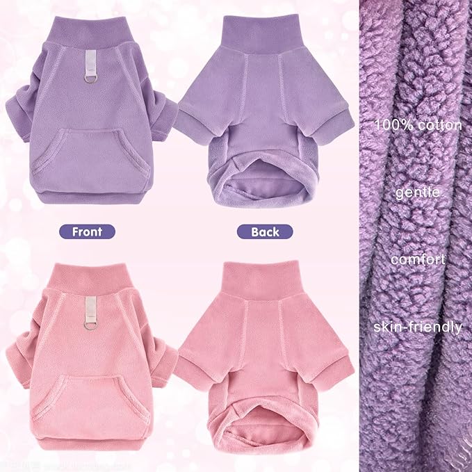 Idepet Fleece Dog Sweater 2 Pack, Winter Pet Clothes Turtleneck Sweatshirt, Stretchy Small Coat Cat Apparel With Leash Ring, Pink, Purple, X-Large
