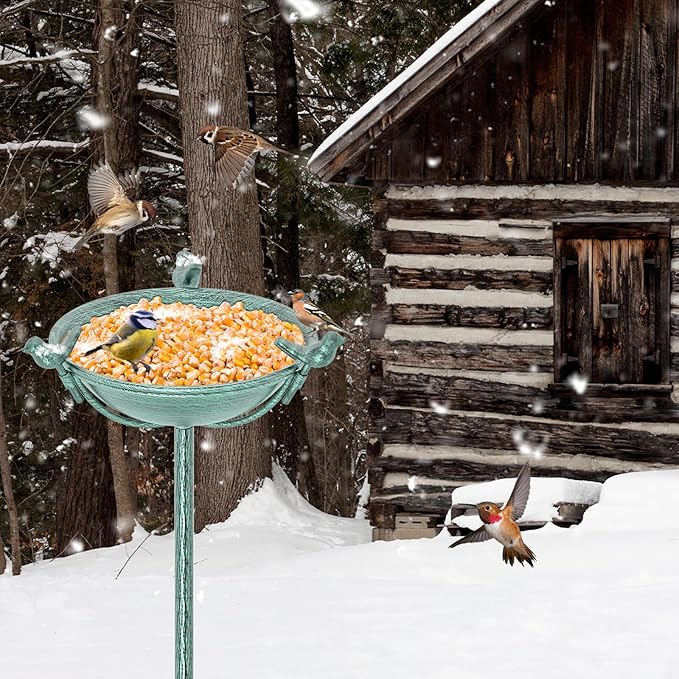 58In Freestanding Birdbaths Bowl Outdoor, Free Standing Garden Bird Bath Feeder Bowl with 3 Bird Statues, Birdbath & Birdfeeder with Metal Stake Garden Yard Lawn Decor (Retro Green)