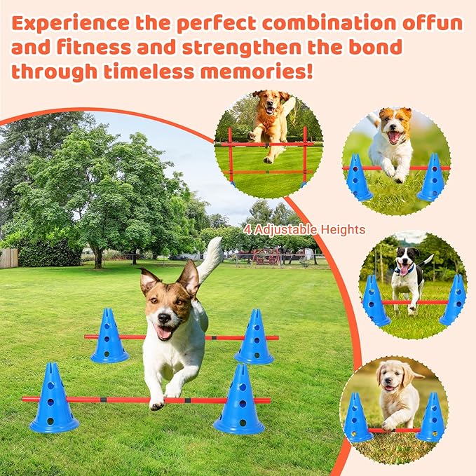 Dog Agility Hurdle Cone Set, Dog Training Equipment with 12 Agility Cones 6 Agility Rods 2 Rod Buckles, Pet Agility Course Set Puppy Obstacle Course Jump with Storage Bag for Outdoor