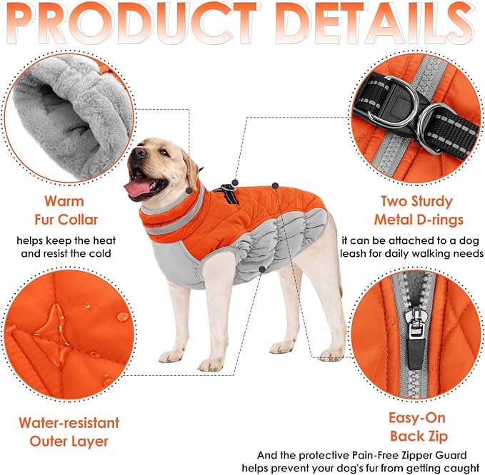 AOFITEE Dog Coat, Warm Dog Winter Coat, Reflective Turtleneck Large Dogs Jacket with Harness Built in, Turtleneck Pet Winter Jacket, Waterproof Pet Snow Jackets Fleece Vest, Orange XL