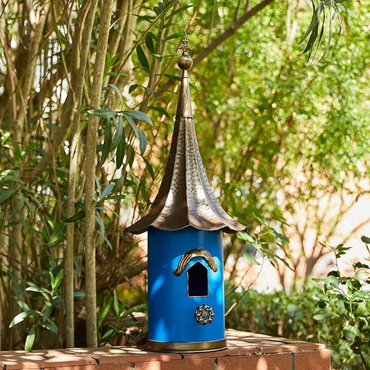 Glitzhome 32”H Metal Hanging Birdhouse for Outdoors Oversized Farmhouse Pagoda Painted Bird House with Bronze Roof for Bluebird Wren Chickadee Sparrow Bird Nest Box for Garden Patio, Retro Blue