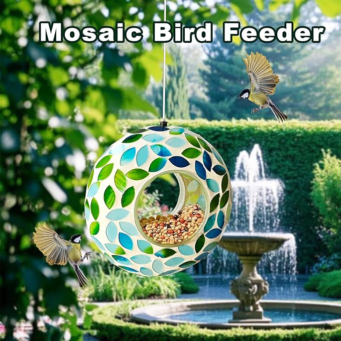 Mosaic Bird Feeder, Outside Hanging with Round Shape Glass BirdFeeders to Attract More Wild Birds, Mosaic Fly Through for Garden, Yard, Backyard, Deck and Porch Decor, Green 7-Inch