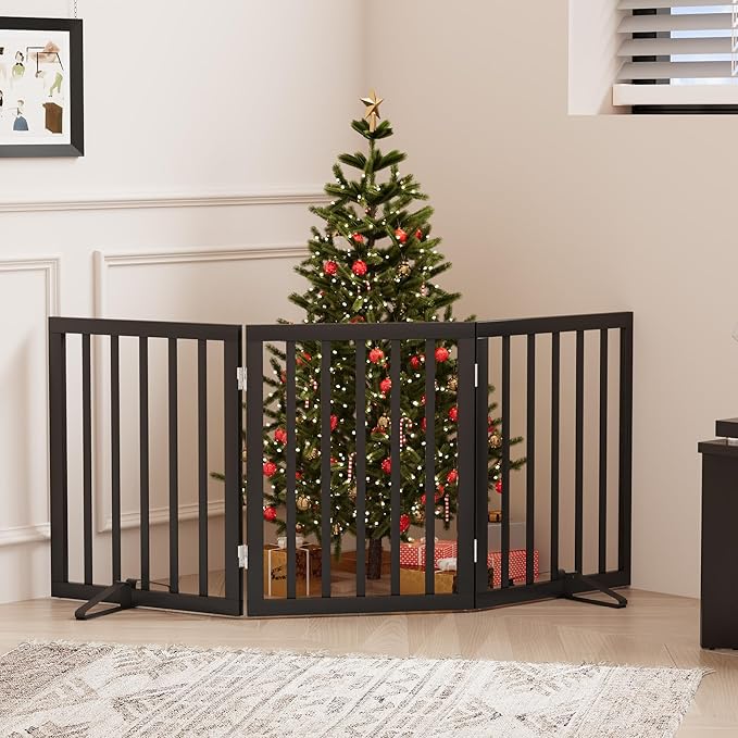 Dog Gate, Freestanding Dog Gates for Doorways, Foldable Dog Gate Indoor, Pet Gates for Doorways Bedroom, Puppy Gate with Metal Support Feet, Room Divider 3 Panels (Black)