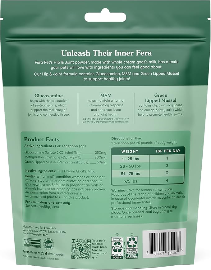Fera Pets Goat Milk - Cat & Dog Hip and Joint Support with Glucosamine, MSM & Green Lipped Mussel - Supports Flexibility, Mobility & Bone Health - for Picky Eaters - 60 Tsps