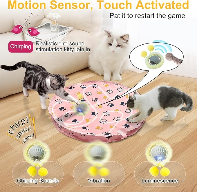 Interactive Cat Toys for Indoor Cats, Automatic Motion Cat Toy in Pouch Fast Rolling Ball in Play Mat Hide and Seek Mouse Catching Game with Chirping Stimulation,Led Light,Auto On/Off(Pink)