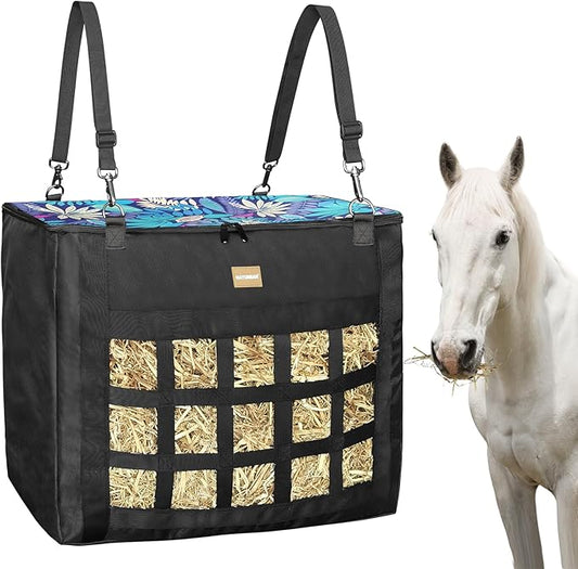 New Version Hay Bags for Horses,Slow Hay Feeder Bags for Goats,Sheep,Super Tough Oxford with Front Hay Nets Design, Double Reinforced Webbing Upgraded Metal Clips for Durable (Leaf)