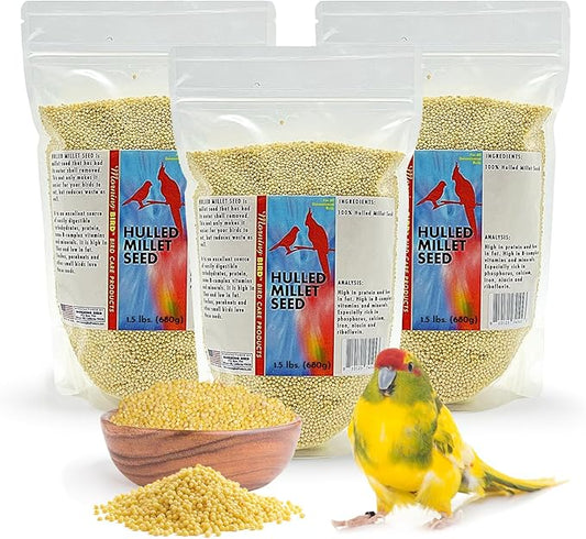 Morning Bird Hulled Millet – Nutritious Seed, Easily Digestible with High Fiber, Rich in Vitamins and Supplements for Birds, Ideal Bird Feed for All Bird Types, 4.5 lbs (3-Pack, 1.5 lbs Each)