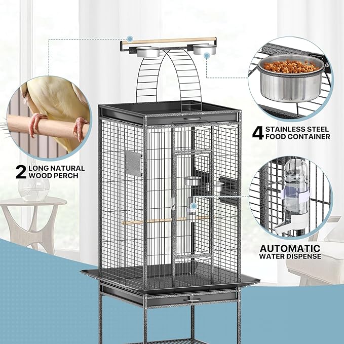 MoNiBloom 61 Inch Large Bird Cage with Rolling Stand, Wrought Steel Flight Birdcage w/Play Top for Parakeets Cockatiels Lovebird Budgie, Black