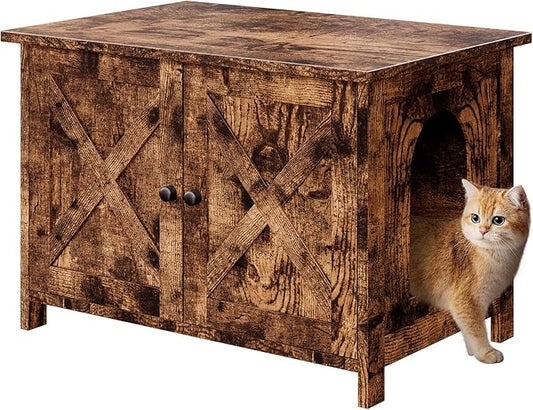 Vongrasig Cat Litter Box Enclosure,Litter Box Furniture Hidden with Barn Door,Wooden Cat Washroom Furniture,Cat House,End Table, Fit Most of Litter Box, Brown