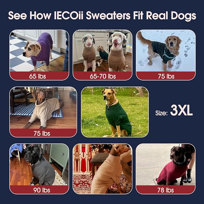 IECOii XXXL Dog Sweater,Warm Dog Sweaters for Extra Large Dogs Girl Boy,Stretchy & Cozy,Turtleneck Knitted Pullover for Pet Wear On Holiday,Easy On Doggy Sweatshirt for Labrador (Blue,XXXL)