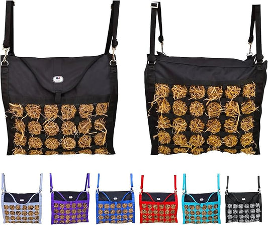 Majestic Ally Animal Health Hay Bag for Horses, 2.5" Holes, Top Load, Travel Feeder, Reduces Waste, 1 Year Warranty, Multiple Colors (Black-Black)