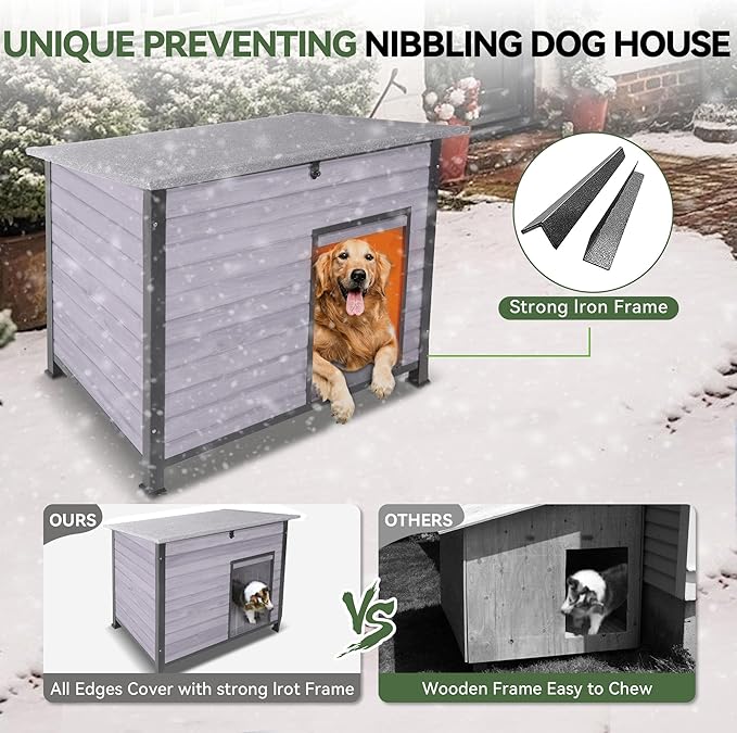 Dog House Outdoor with Prevent Chewing Iron Frame, Cat Houses Removable Floor and Open Roof for Dogs,Cats,Rabbits Animals