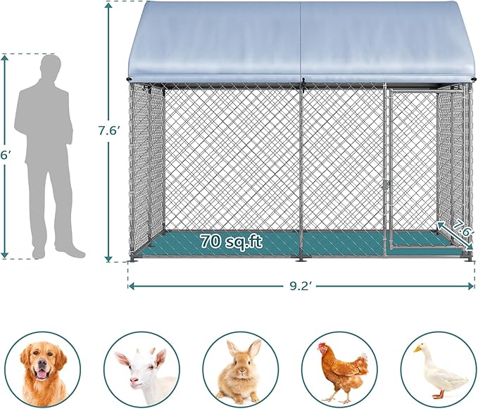 9.2' x 7.7' x 7.7' Large Outdoor Dog Kennel, 2.5 Wire Diameter Thickened Wire Mesh Dog Kennel Outside, UV & Water Resistant 420D Oxford Fabric, Galvanized Chain Link Dog Runs with Safe Lock