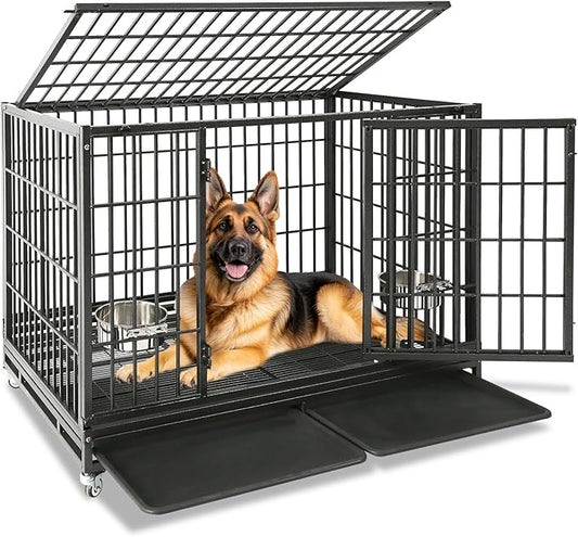 Homey Pet 48/43/37 Inch Heavy Duty Indestructible Dog Crate, Stackable Escape Proof Dog Cage Kennel Indoor with Two Trays, Metal Grids, Wheels, Bowls, Double Doors for High Anxiety Large Dogs