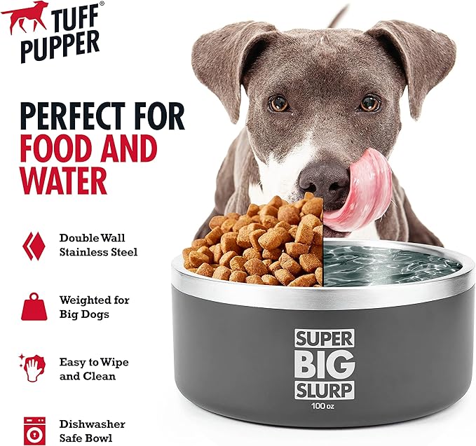 Tuff Pupper 100 oz Heavy Duty Insulated Stainless Steel Dog Bowl for Large Dogs, Non-Slip Base, Dishwasher Safe