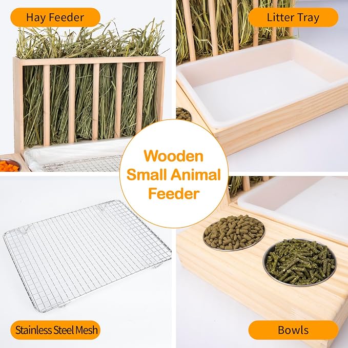 3 in 1 Rabbit Hay Feeder with Litter Box,Upgraded Wooden Hay Feeder Set for Guinea Pig Chinchilla Bunny Other Small Animals,Quick Cleaning & Large Capacity & Preventing Waste