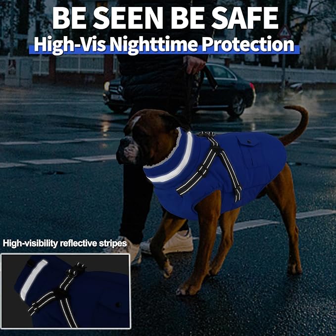 Dogcheer Dog Coat with Harness, Waterproof Dog Jacket Christmas Puppy Winter Coat with Pockets, Reflective Doggy Winter Jacket Soft Pet Fleece Snow Jacket for Small Medium Large Dogs - Blue, XS
