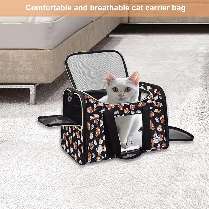 Petmolico Cat Carrier Dog Carrier, Airline Approved Soft Pet Travel Carrier with 3 Open Doors Mesh Windows for Cats Puppy 16 lbs(Large,Orange Flower)