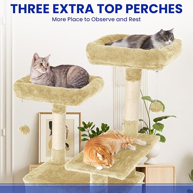 69-Inch Tall Cat Tree with Huge Condos, Multi-Functional Cat Tower with Top Perches, Scratching Posts, Pompoms, for Climbing, Lounging and Playing (Beige)