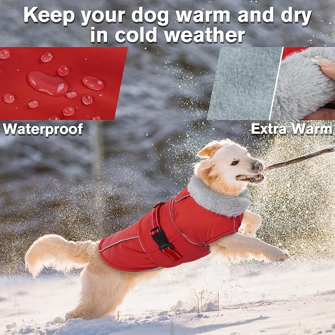 Lelepet Warm Dog Coat - Waterproof Reflective Fleece Vest with Adjustable Buckle Hook & Loop, Windproof Winter Jacket Dog Coats for Small Medium Large Dogs, Red, S