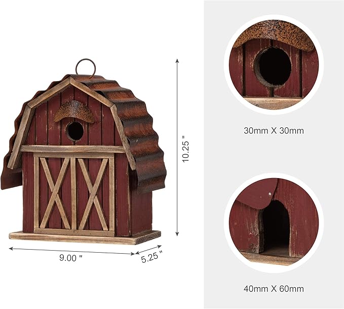 Glitzhome 10.25" H Hanging Birdhouse Rustic Wooden Barn Garden Bird House for Outdoor
