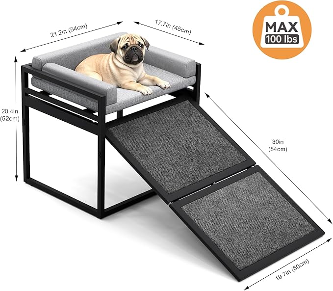 Pet Stairs Ramp Dog with Detachable 20% Wider Seat Mate,Companion Chair Platform for Small Doggie and Cat,Dachshund Puppy Non-Slip Ladder Perch,Doggy Step for High Bed Window Sofa Office Grey