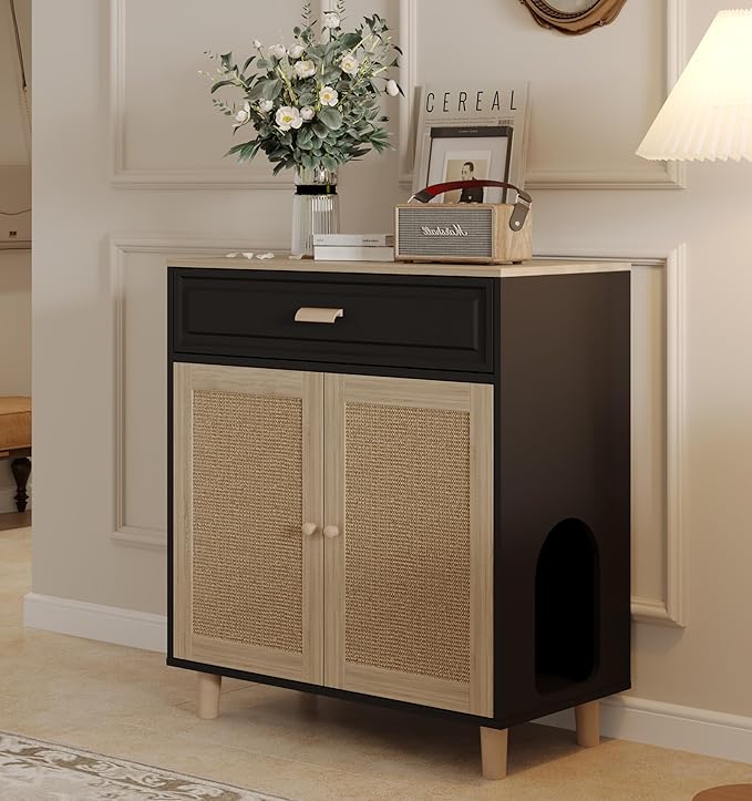 Cat Litter Box Enclosure Furniture Hidden Indoor 2-in-1 Wooden Cat House & Washroom Cabinet with Scratching Board Doors and Drawer, 31.5"x15.7"x34.6"H - Black