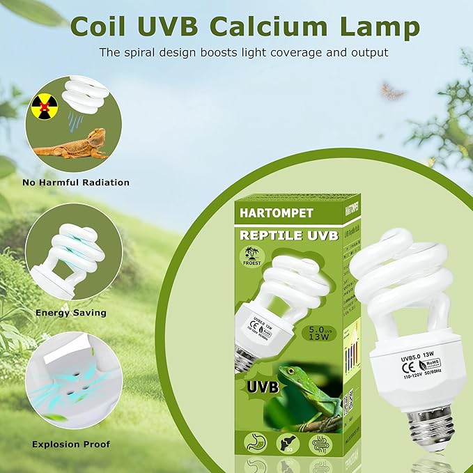 UVB 5.0 Reptile Light13W, Compact Fluorescent Tropical Lamp, Coil UVB Bulb for Rainforest Reptiles – Light for Crowned Chameleons, Green Iguanas, Tree Frogs, Ball Pythons in Terrarium