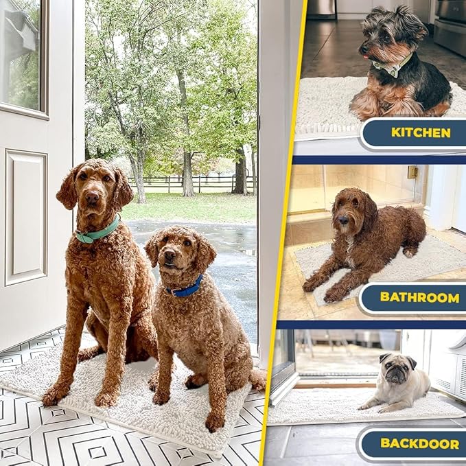 Muddy Mat® AS-SEEN-ON-TV Highly Absorbent Microfiber Door Mat and Pet Rug, Non Slip Thick Washable Area and Bath Mat Soft Chenille for Kitchen Bathroom Bedroom Indoor and Outdoor - White 24" x 96"