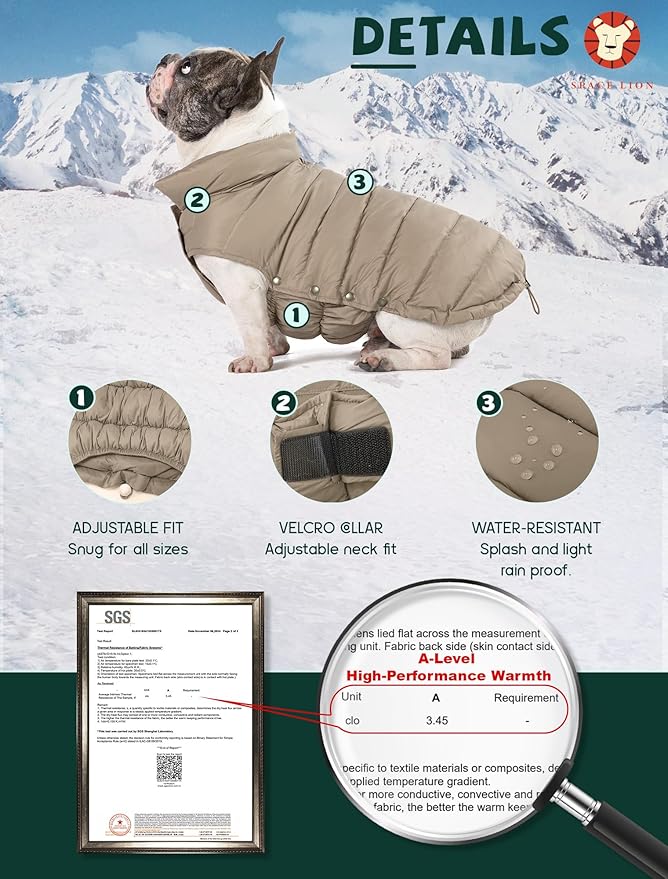 SPACE LION Puffer Jacket, Down Winter Coat, Durable Outdoor Coat for Cold and Windy Conditions, Waterproof, Windproof, Lightweight Jacket, Adjustable Fit for Small Dog(Khaki,S)