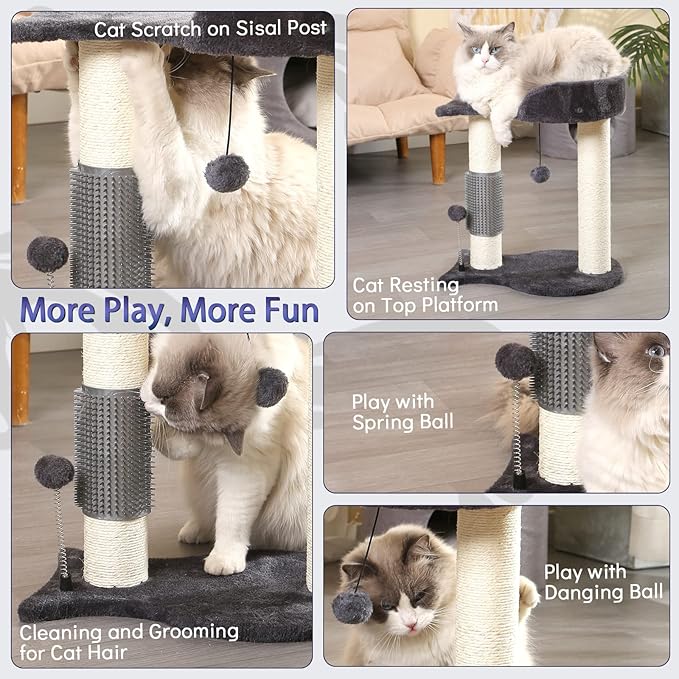 Cat Tree Tower, Multifunction Cat Scratching Post for Indoor Cats Featuring with Fish-Shaped Rest Platform Cat Self Groomer Danging Ball Spring Ball, Grey