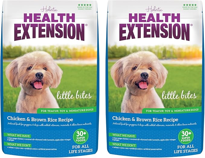 Health Extension Little Bites Dry Dog Food for Small Breeds, Chicken & Brown Rice Recipe, with Probiotics & Superfoods for Digestion & Coat Health, 1 lb Bag (Pack of 2)
