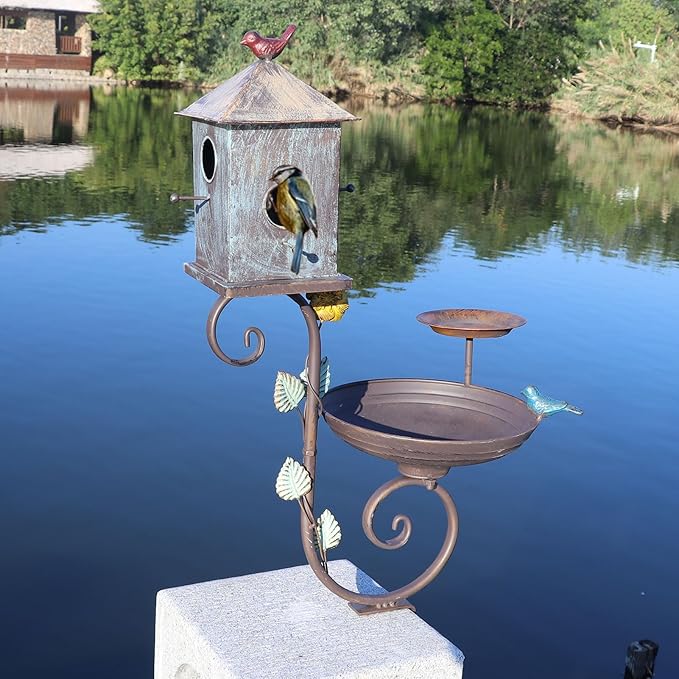 Deck Bird Bath, 3 in 1 Metal Bird Bath and Bird Houses, Decorative Deck Mounted Bird Baths, Detachable and Adjustable Sturdy Deck Bird Bath for Outdoor Porch Yard Garden Decoration