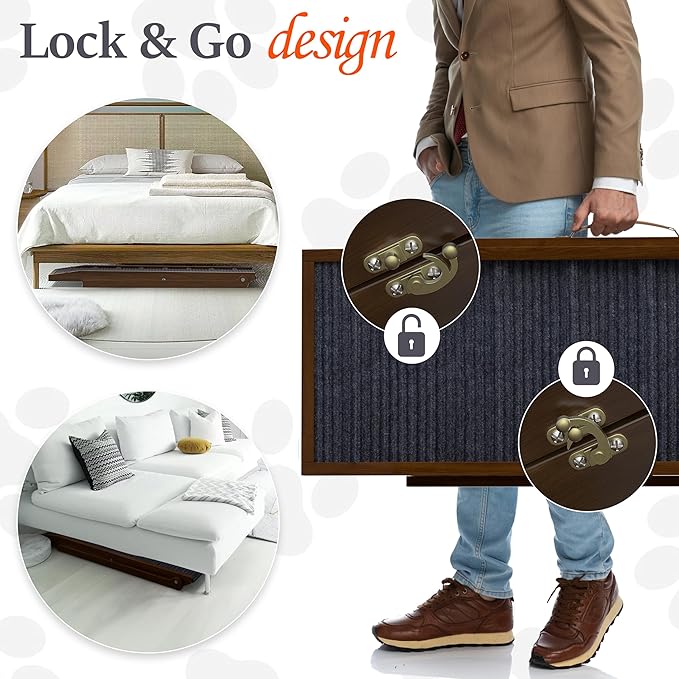 Adjustable Dog Ramp for Bed - Foldable Wooden Ramp for Dogs to Get on Bed, Couch, or Car - Ideal for Small, Medium, and Large Breeds (Walnut Wood with Grey Carpet) (Walnut Wood, Large)