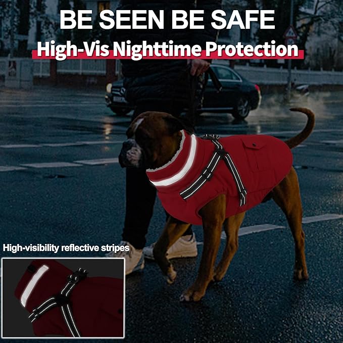 Dogcheer Dog Coat with Harness, Waterproof Dog Jacket Christmas Puppy Winter Coat with Pockets, Reflective Doggy Winter Jacket Soft Pet Fleece Snow Jacket for Small Medium Large Dogs - Red, M