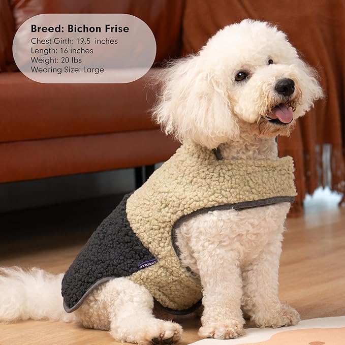 cyeollo Warm Dog Coat Sherpa Dog Winter Coat, Reversible Fleece Dogs Jackets Sweater Vest for Small Medium Dogs Male with Leash Hole, Soft Cold Weather Pet Clothes, Khaki XL