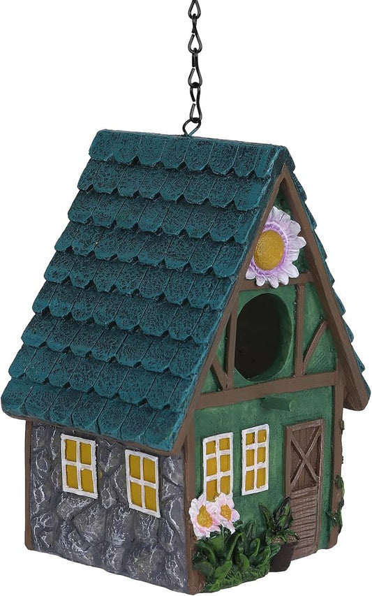 Green Resin Bird House with Slanted Roof, 1.5" Entry Hole Weatherproof Outdoor Decor for Cardinals Finches, Rustic Bird Sanctuary for Backyard Patio Garden