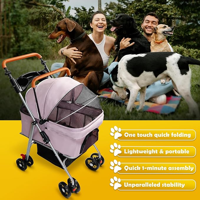 Pet Stroller with Storage Basket and Cup Holder, Folding Dog Jogger, Foldable Cat Stroller, 3 in 1 Puppy Kitten Cart, Pet Jogger for Medium Dog Cat (Pink)