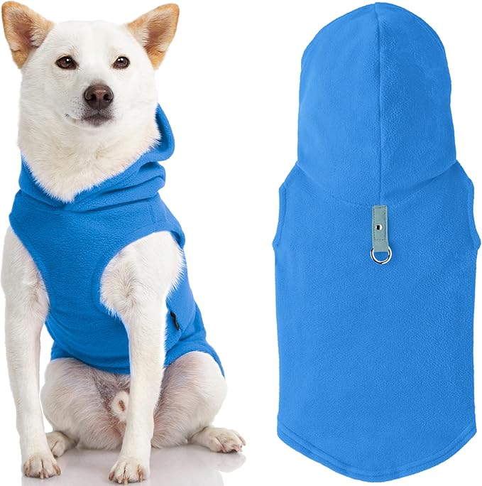 Gooby Fleece Vest Hoodie Dog Sweater - Blue, Medium - Warm Pullover Dog Hoodie with O-Ring Leash for Small to Medium Dogs