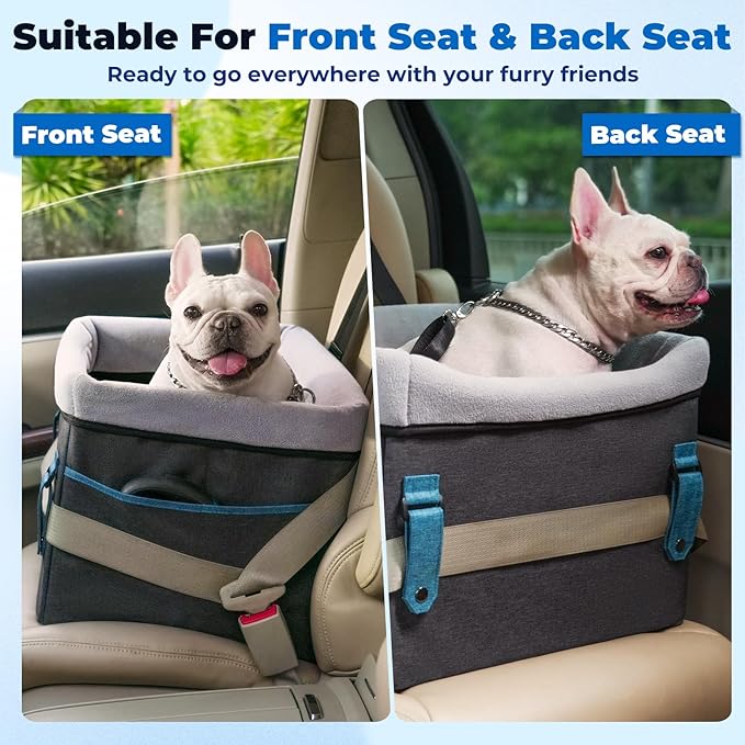 BurgeonNest Dog Booster Car Seat for Small Dogs, Washable Anti-Collapse Pet Bed for Car Front Back Seat, Cat Puppy Travel Carseats Up to 25lbs, Clip-On Safety Leash and Booster Fluffy Pad, Grey