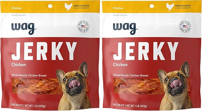 Amazon Brand – Wag Chewy Whole Muscle American Jerky Made in USA Dog Treats – Chicken (1 lb), Grain Free (Pack of 2)