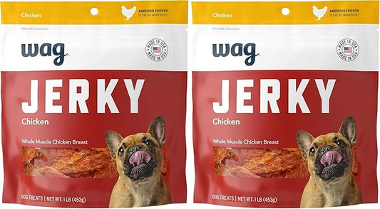 Amazon Brand – Wag Chewy Whole Muscle American Jerky Made in USA Dog Treats – Chicken (1 lb), Grain Free (Pack of 2)