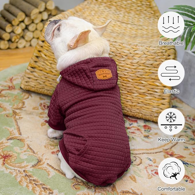 BEAUTYZOO Medium Dog Hoodie Sweater with Pockets, Dog Clothes for Small Medium Dogs Boy Girl, Waffle-Like Laminated Cotton Pet Coats with Hat and Leash Hole, Wine Red XL